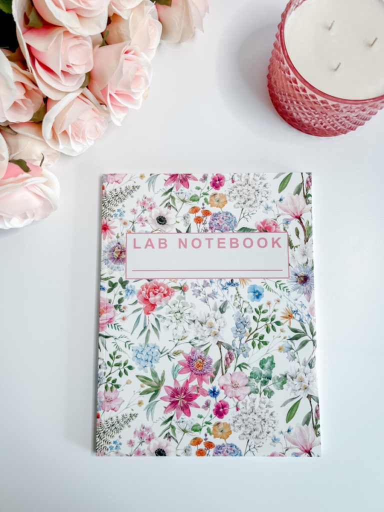 Lab notebook paperback with floral cover for experiments and sampling notes